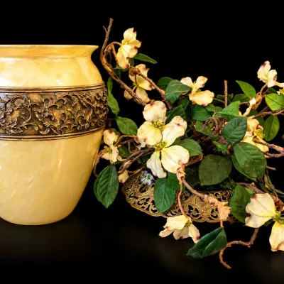 Vintage Ivory Art Glass Vase & Ornate Gold Metal Floral Arrangement 2 Pc Lot