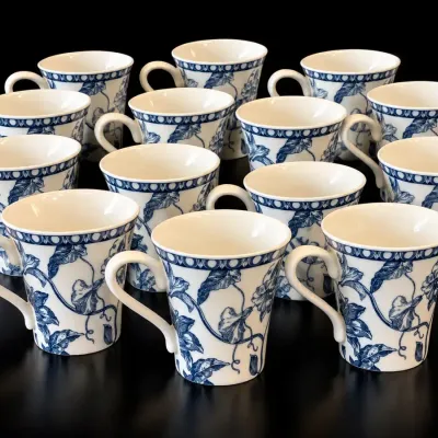 222 Fifth Toile Blue Porcelain Coffee Mugs Set of 12 Blue White Floral