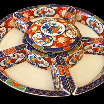 Vintage Japanese Imari Porcelain Divided Serving Platter w/ Covered Center Bowl