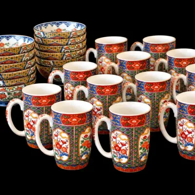 24 Pc Signed Asian Imari Style Porcelain Set 12 Mugs 12 Bowls Floral Design
