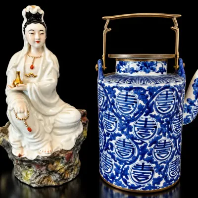 Asian Porcelain Guanyin Figurine & Blue White Chinese Teapot Brass Handle