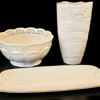 Lenox Ivory Porcelain 3 Pc Lot Vase Pierced Bowl Gold Trim Handled Tray