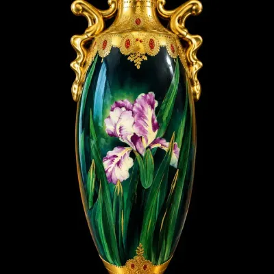Antique Nippon Hand Painted Porcelain Vase Iris Flowers Heavy Gold Gilt Handles