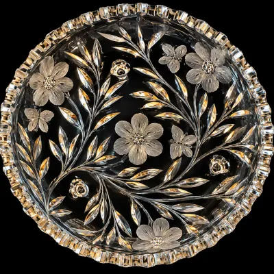 Vintage Cut Crystal Glass Round Serving Platter Etched Floral Scalloped Rim