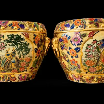 Pair of Ornate Asian Porcelain Jardinières with Gilt Phoenix & Floral Design