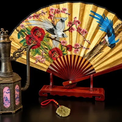 Asian Decorative Lot Gold Hand Painted Fan Bronze Style Ewer & Jade Pendant