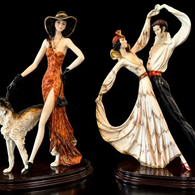 A. Santini Art Deco Style Figurines Lady w/ Borzoi Dog & Dancing Couple