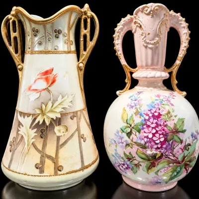 Antique Hand Painted Porcelain Floral Vases with Ornate Handles – Pair