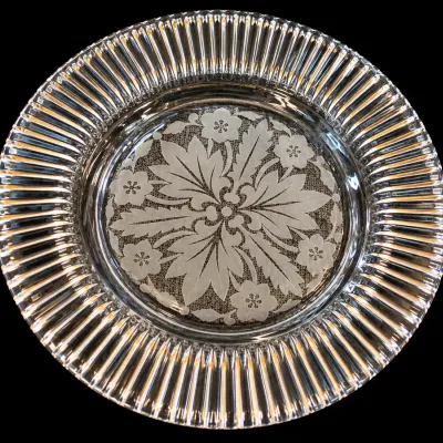 Vintage Clear Glass Plates Etched Floral Center Ribbed Fluted Rim Elegant Glassware