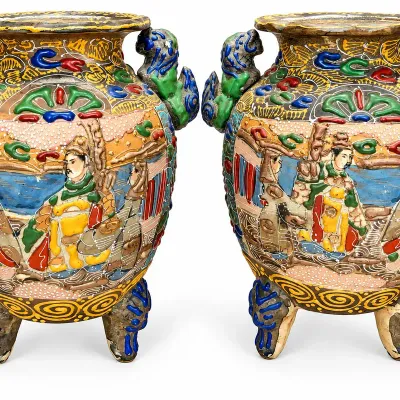 Pair Vintage Asian Satsuma Style Moriage Pottery Vases Figural Tripod Feet