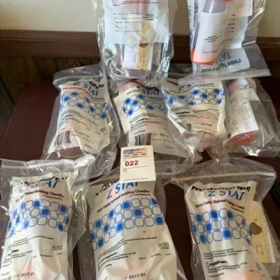 Collection of unopened Monaghan Z STAT anti-static valved holding chambers for inhalers, packaged in original clear bags.