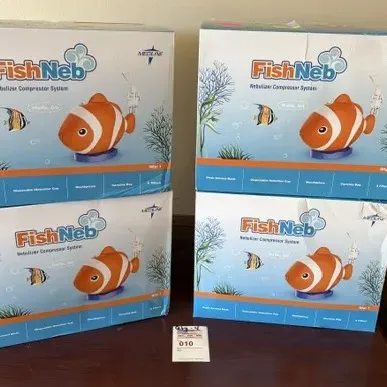 Set of four Medline FishNeb pediatric nebulizer compressor systems, boxed in new condition.