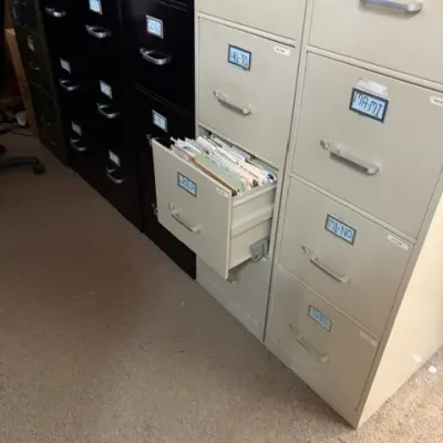 f tall vertical metal filing cabinet in beige 