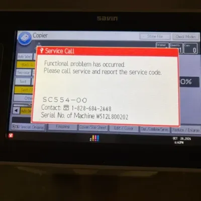 Digital display panel of a Savin office copier showing a "Service Call" error message with code SC554-00.