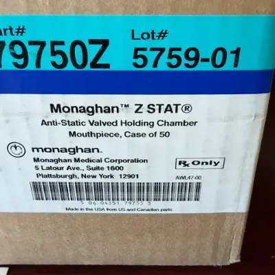 cardboard shipping case of Monaghan Z STAT anti-static valved holding chamber mouthpieces, containing a quantity of 50.