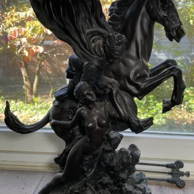 Sale Photo Thumbnail #50: Black finish composite or resin figurative table lamp base, depicting a classical rider on a rearing horse with a maiden at the base.