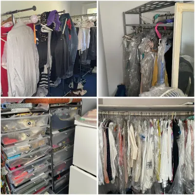 Sale Photo Thumbnail #208: Collection of women's clothing on rolling racks, closet organizers, and plastic storage drawers featuring various garments, accessories, and plastic garment covers.