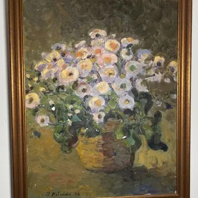 Sale Photo Thumbnail #61: Framed impressionist oil painting of a floral arrangement in a pot, signed J. Kituda and dated '44 in the lower left corner.