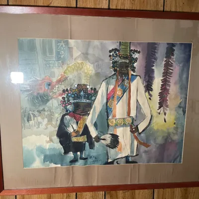 Sale Photo Thumbnail #48: Framed original watercolor painting depicting figures in traditional Chinese festival attire with a dragon in the background, presented in a red wood frame.
