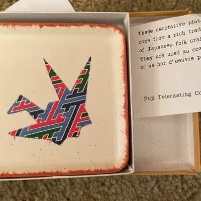 Sale Photo Thumbnail #93: Vintage Japanese folk art decorative coaster or hor d'oeuvre plate in original box with insert card from Fuji Telecasting Co., Ltd.