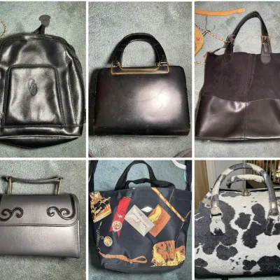Sale Photo Thumbnail #197: Grid photo featuring a variety of vintage and modern handbags, including a black leather backpack, structured top-handle purses, a tote bag, and a faux cow-hide print bag.