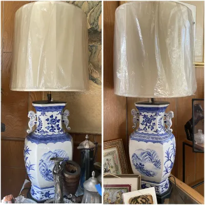 Sale Photo Thumbnail #203: Pair of Chinese blue and white porcelain ginger jar table lamps featuring landscape and floral motifs, complete with tall fabric shades.