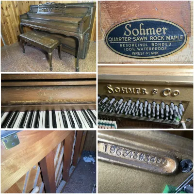 Sale Photo Thumbnail #198: Vintage Sohmer & Co. upright console piano and matching bench, featuring a quarter-sawn rock maple frame construction and showing minor cosmetic wear to the wood finish.