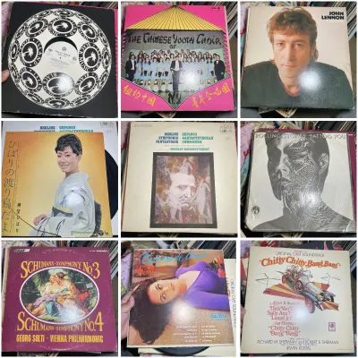 Sale Photo Thumbnail #210: Collection of nine vintage vinyl LP records, including albums by The Rolling Stones, John Lennon, classical symphonies, and movie soundtracks.