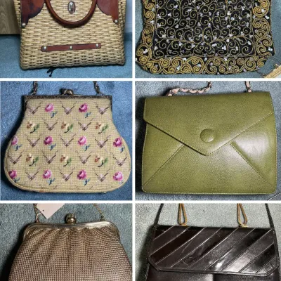 Sale Photo Thumbnail #196: Collection of vintage women's handbags including a wicker box purse with leather trim, a sequined metallic tote, needlepoint floral kiss-lock clutch, green envelope shoulder bag, metallic mesh evening bag, and a dark leather purse.