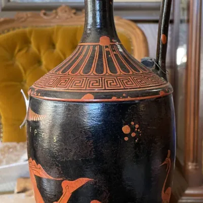 Sale Photo Thumbnail #12: Greek red-figure style ceramic oinochoe jug featuring classical figure illustrations and geometric key patterns.