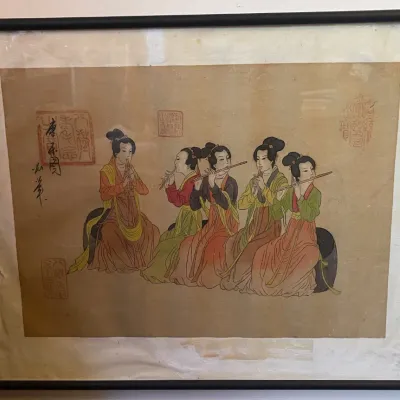 Sale Photo Thumbnail #149: Framed Asian print depicting women playing flutes, featuring red artist seals and calligraphy on aged paper.