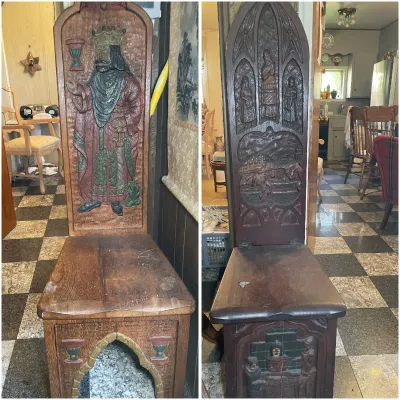 Sale Photo Thumbnail #212: Pair of vintage hand-carved wooden thrones featuring intricate medieval relief scenes and painted details.