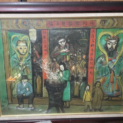 Sale Photo Thumbnail #55: Framed expressionist oil painting depicting figures and Chinese calligraphy outside a temple, rendered in bold green and dark tones, set within a linen mat and wooden frame.