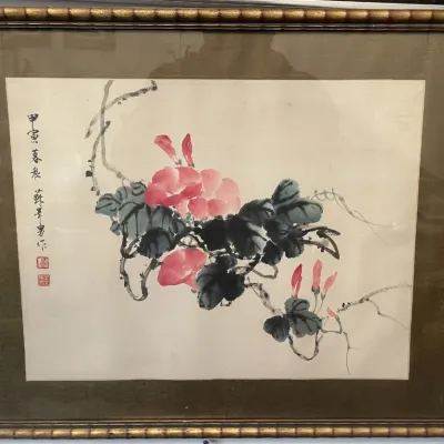 Sale Photo Thumbnail #143: Framed East Asian ink and watercolor painting depicting pink morning glories, complete with calligraphic inscription and artist seals, set in a faux-bamboo gilt frame.