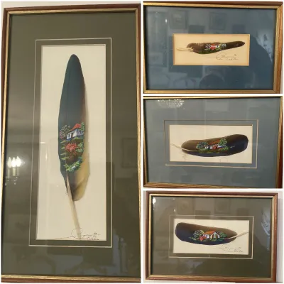 Sale Photo Thumbnail #201: Collection of four framed original paintings on real feathers, depicting rural Costa Rican landscape scenes, signed and dated 1996.