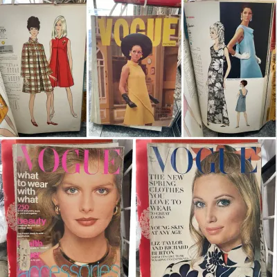 Sale Photo Thumbnail #194: Collection of vintage Vogue magazines and sewing pattern catalogs featuring 1960s and 1970s fashion designs.