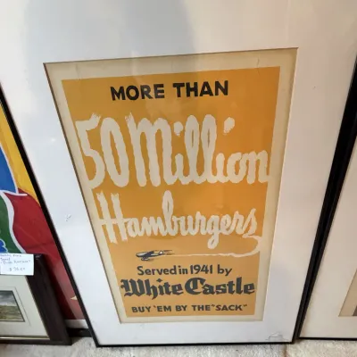 Sale Photo Thumbnail #235: Framed vintage White Castle advertising poster print, featuring 1941 promotional slogan "More Than 50 Million Hamburgers".