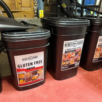Sale Photo Thumbnail #357: Set of Ready Hour emergency survival food buckets, including gluten-free and 4-week food supplies.