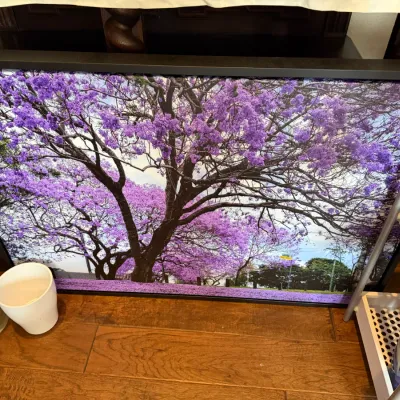 Sale Photo Thumbnail #149: Large black-framed canvas print depicting vibrant purple jacaranda trees in full bloom.