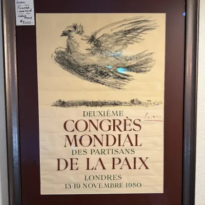 Sale Photo Thumbnail #212: Framed 1950 Pablo Picasso exhibition poster for the Deuxième Congrès Mondial des Partisans de la Paix, custom matted and framed.