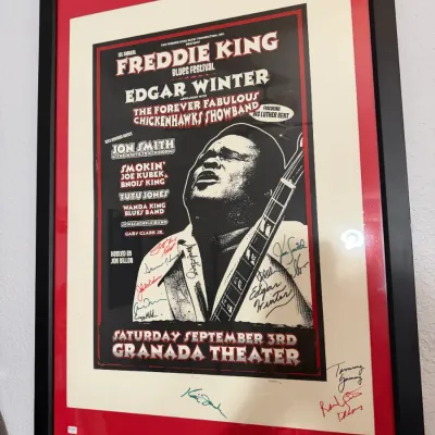 Sale Photo Thumbnail #108: Framed and autographed 1st Annual Freddie King Blues Festival concert poster from the Granada Theater, featuring Edgar Winter and other performers.