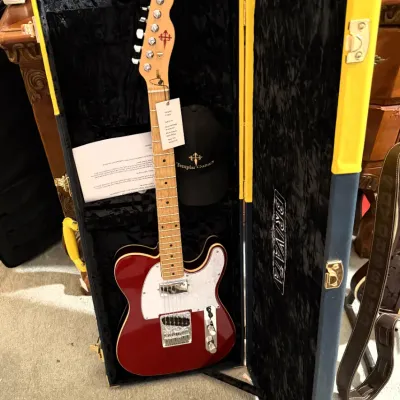 Sale Photo Thumbnail #105: Templar Guitars Telecaster-style electric guitar in a red finish, presented in a custom black and yellow hardshell case with original hangtags and accessories.