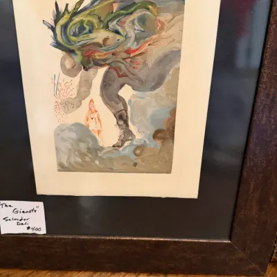Sale Photo Thumbnail #206: Framed Salvador Dalí woodblock print from the Divine Comedy series, titled "The Giants," double-matted in a dark wood frame.
