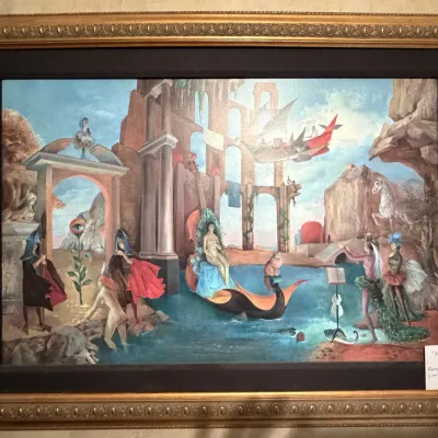 Sale Photo Thumbnail #222: Framed surrealist art print titled "Nocturne" by Rene Van Den Ness, limited edition numbered 77 of 195, set in a gilded ornate frame.