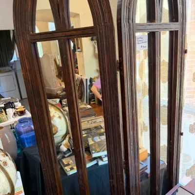Sale Photo Thumbnail #165: Gothic style dark wood folding room 3-panel divider featuring open arched panels with lancet window details.(1 panel not shown)