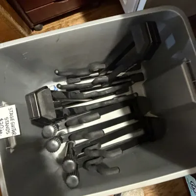 Sale Photo Thumbnail #120: Collection of black folding stage guitar stands 