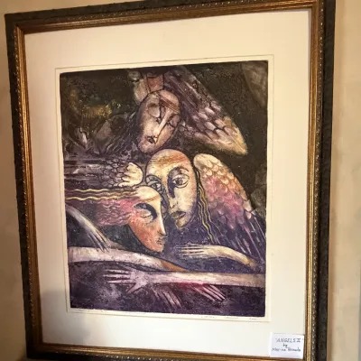 Sale Photo Thumbnail #215: Framed limited edition print titled "Angels II" by artist Marina Terauds, presented in a dark textured frame with gold inner trim.