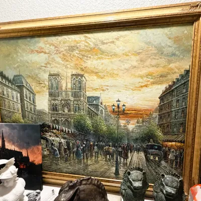 Sale Photo Thumbnail #197: Hand-painted art piece of Notre Dame in Paris that was purchased on a trip to Paris.