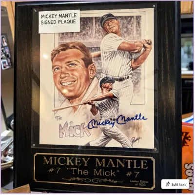 Sale Photo Thumbnail #192: Framed Mickey Mantle autographed print plaque, numbered limited edition featuring illustrations of the New York Yankees legend.